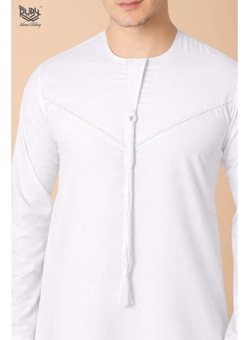 روبي للملابس الإسلامية ثوب إماراتي أبيض كلاسيكي للرجال مع سحاب وتطريز معقد، كندورة، قفطان، برقبة دائرية، بأكمام طويلة، رداء مصلي سعودي - Image 3